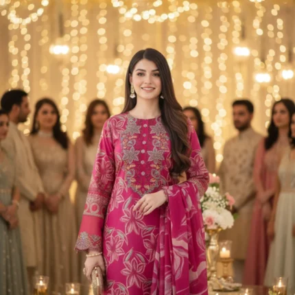 Premium Cotton Embroidery Salwar Kameez Set-Magenta Pink (Unstiched)