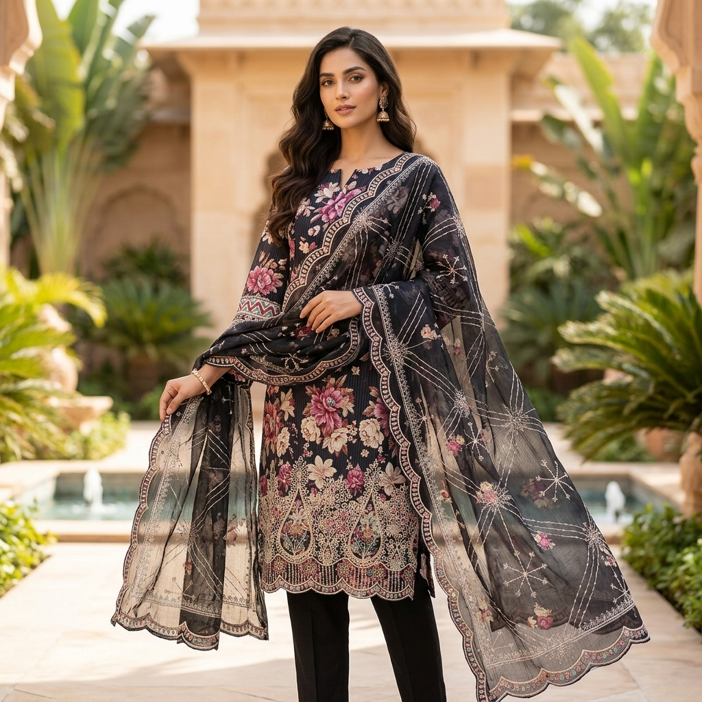 Woman_wearing_stitched_outfit_202606211227 (3) AFROZEH854 -Luxury Embrodery Cotton Three Piece (Unstiched) - Image 1